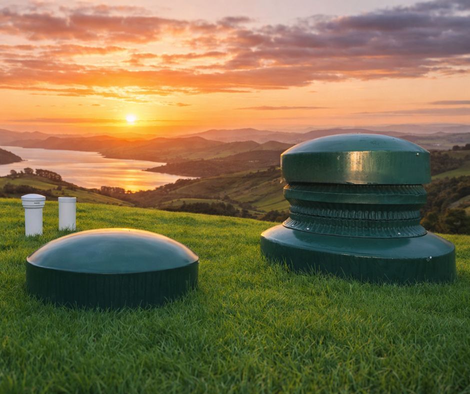 EconoTreat wastewater treatment tank lid set into a finished lawn