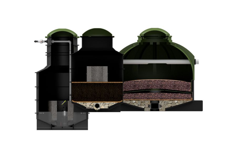Cutaway diagram showing the living filter layers inside a vermifiltration system